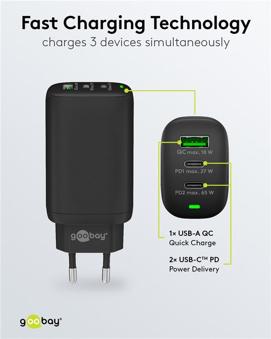 USB-C™ PD GaN Multiport-Schnellladegerät (65 W) schwarz/weiß