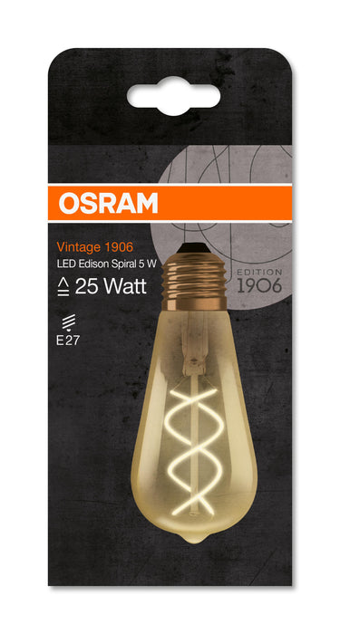 LED-E27 5W=25W | Vintage | Gold | Edison ST64 | 250lm | Filament | Spiral | Osram