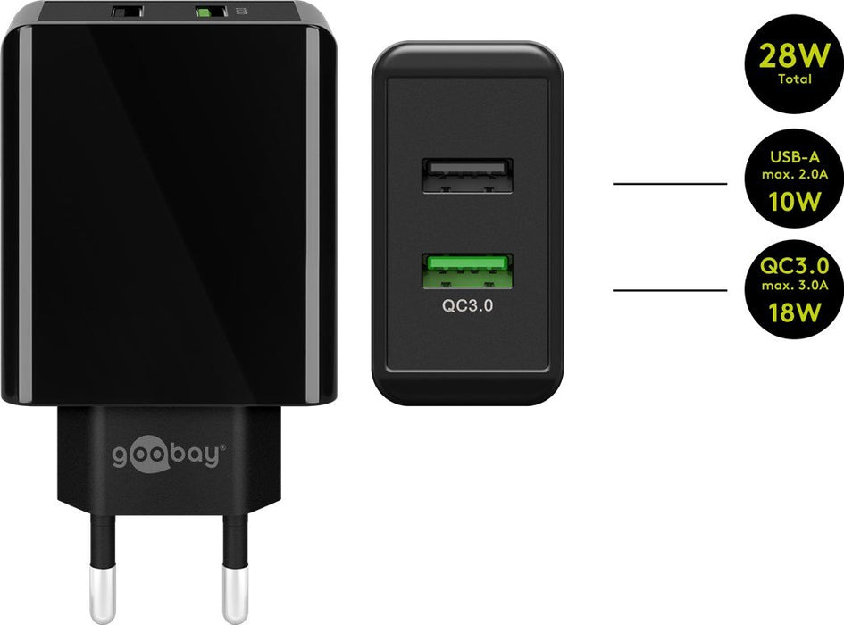 USB-Netzteil 2-fach QC3.0 28W goobay sw