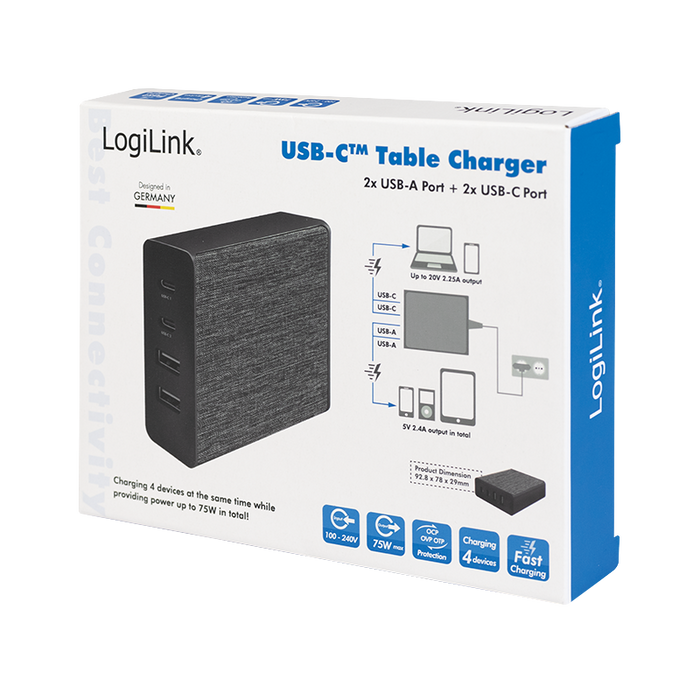 USB-C & A Netzteil 2+2 fach 75W LogiLink