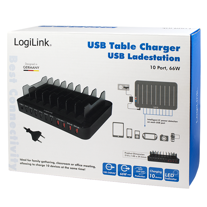 USB Ladestation, 10x USB-Ports, 66W