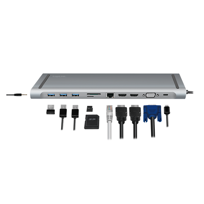 USB-C Hub | Dockingstation | 11-Port | PD 100W | 2x HDMI | 1x VGA | 3x USB 3.0 | 1x RJ45 | 1x SD-/MicroSD-Kartenleser | LogiLink