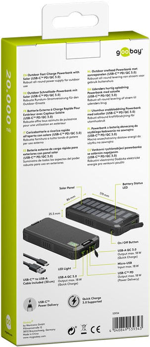 Powerbank Solar 20Ah PD & QC 3.0 goobay